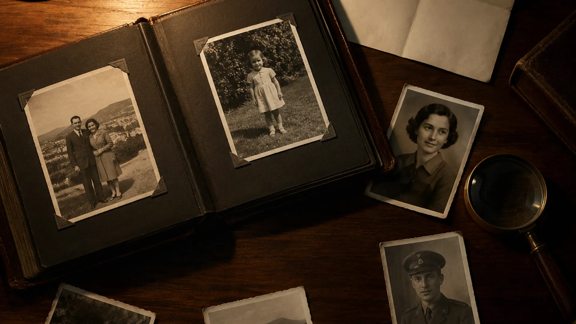 A family photo archive on a dark desk under a warm lamp