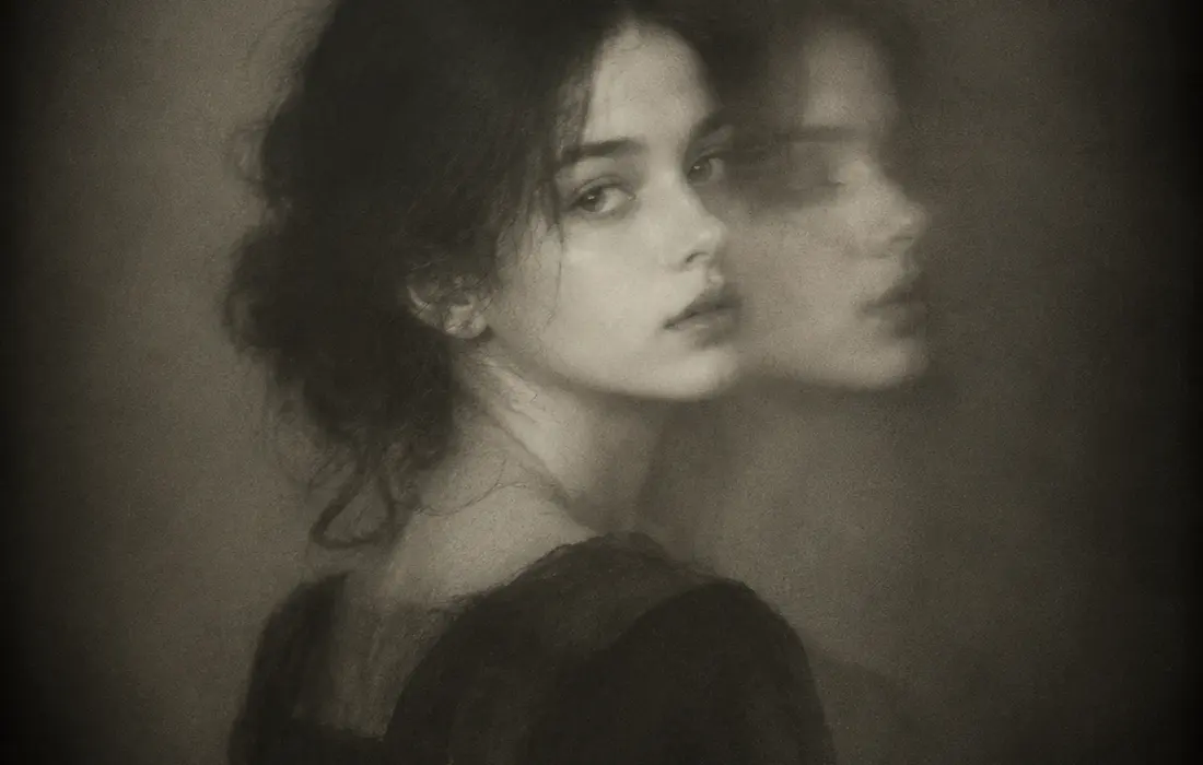 A vintage portrait caught mid-turn in soft motion blur