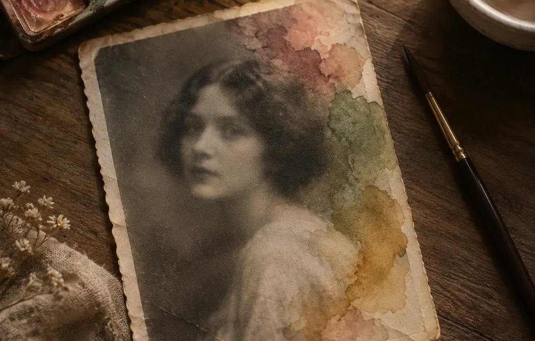 Watercolour washes bleeding into an old black-and-white portrait