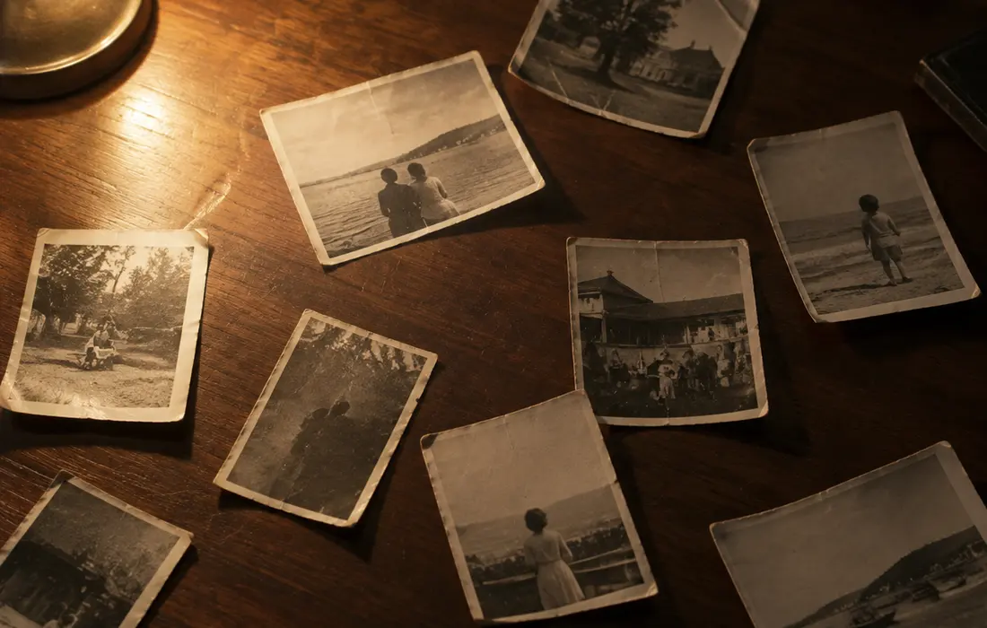 Old family snapshots scattered across a dark wooden table