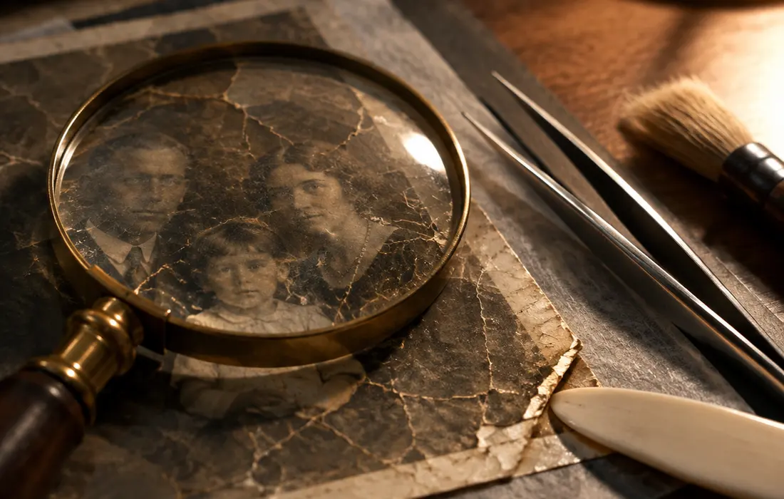 A cracked old photograph under a conservator's magnifying glass