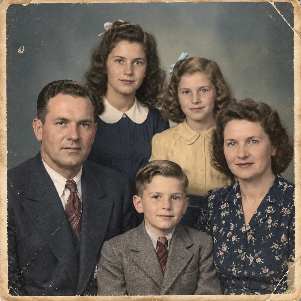 1940s family portrait — colourised in the original period palette