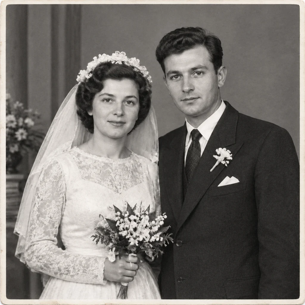 1950s wedding photograph — scratches and fading repaired