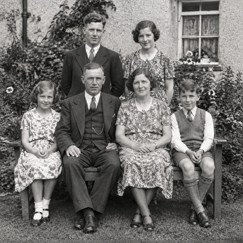 1930s garden group — creases, stains and fading recovered