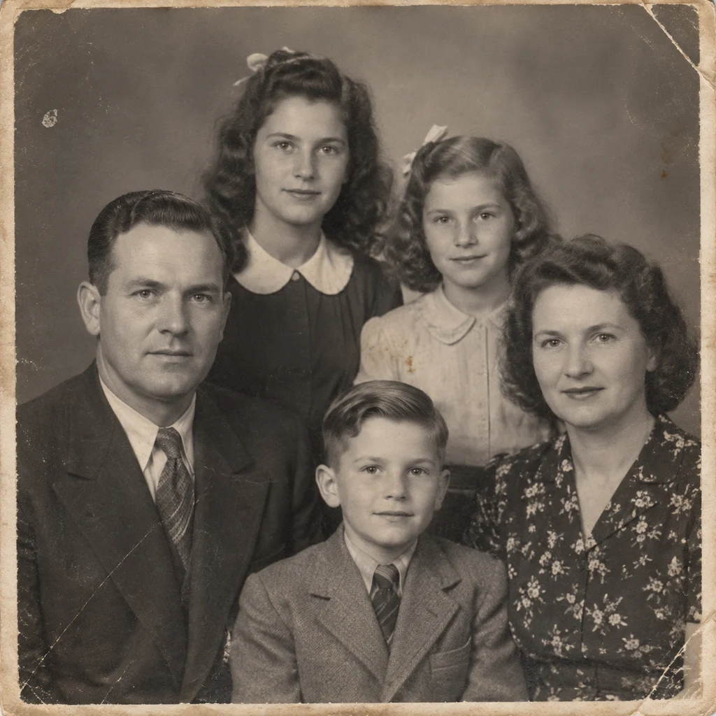 Before — 1940s family portrait — colourised in the original period palette