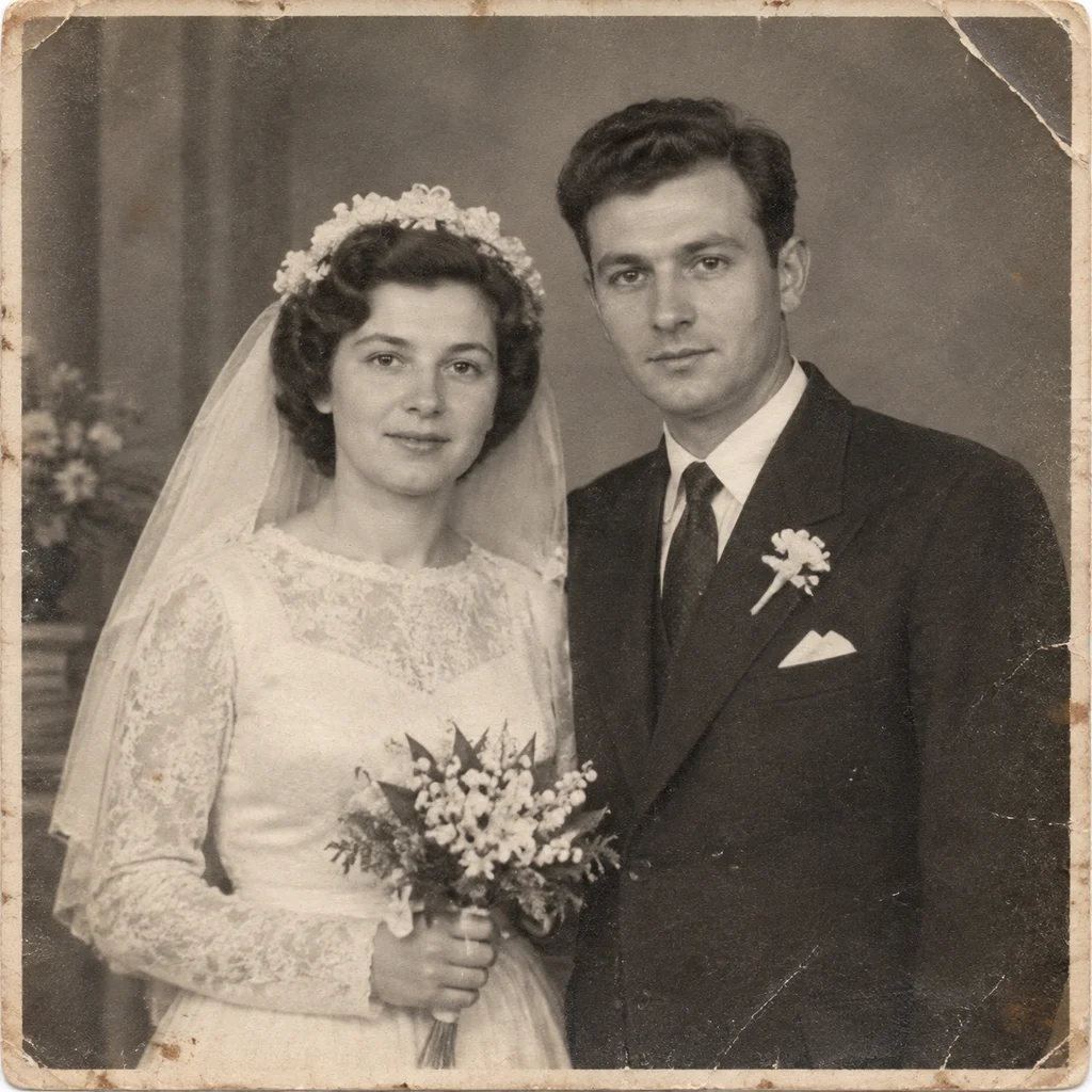 Before — 1950s wedding photograph — scratches and fading repaired
