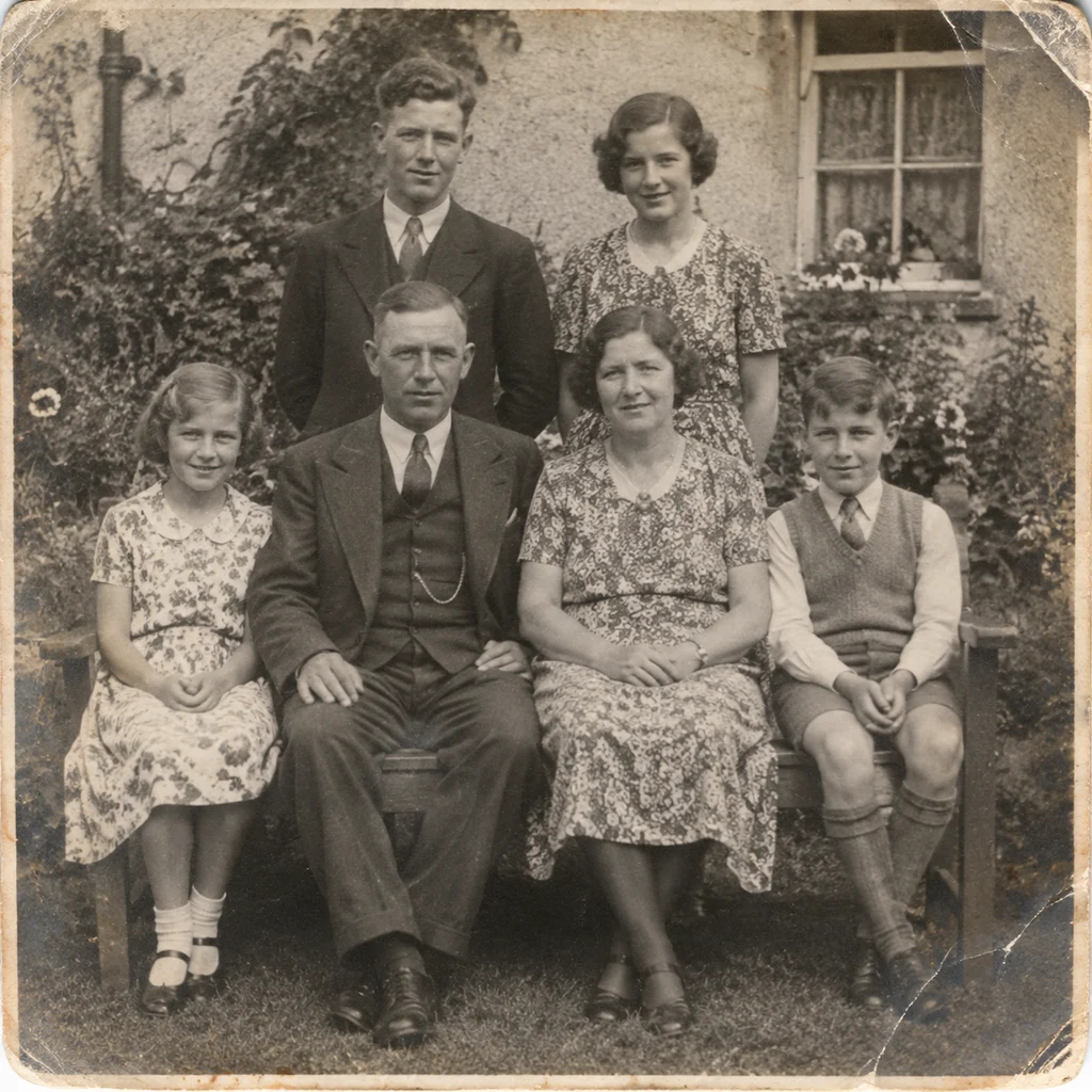 Before — 1930s garden group — creases, stains and fading recovered